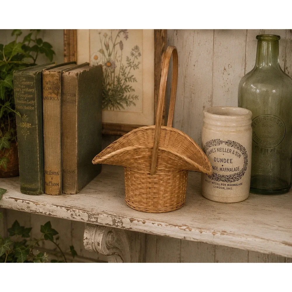 Vintage Woven Wicker Cowboy Hat Basket with Handle Rustic Farmhouse Decor 12in